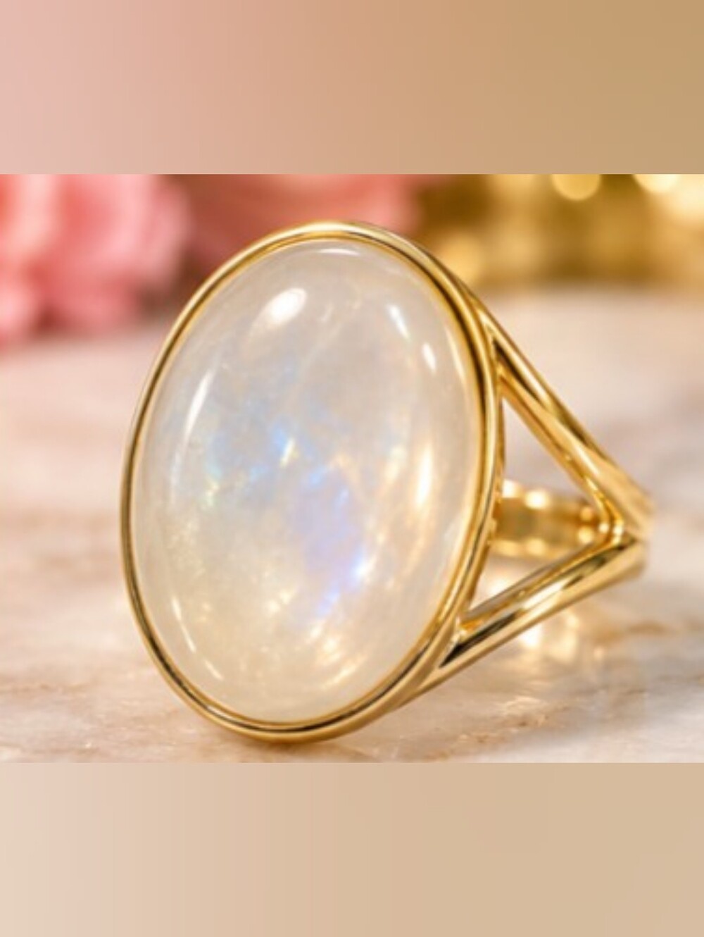 Gold Tone Oval Moonstone Statement Ring | Minimalist Boho Chic Size 7